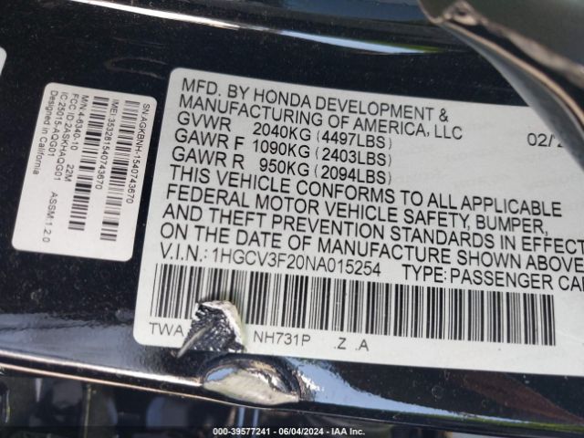 1HGCV3F20NA015254 Honda Accord Hybrid Sport