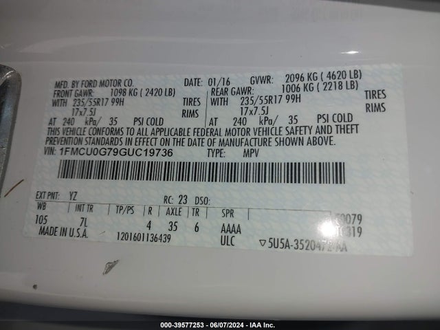 Ford ESCAPE SE 2016 1FMCU0G79GUC19736 Image 9