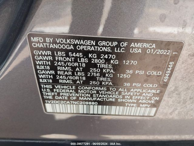 1V2DC2CA7NC209880 Volkswagen Atlas Cross Sport 2.0t Se