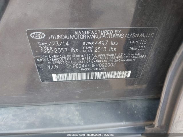5NPE24AF3FH092002 Hyundai SONATA SE