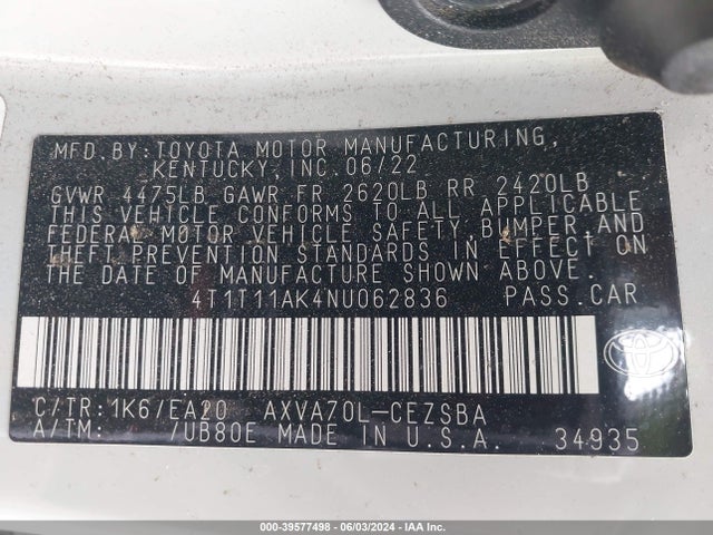 Toyota CAMRY SE 2022 4T1T11AK4NU062836 Image 9