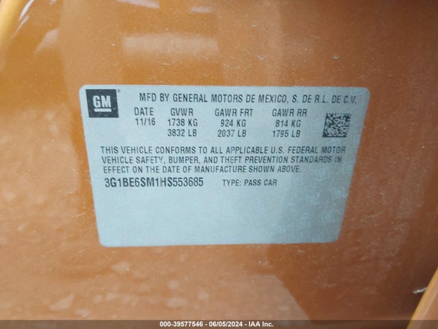 Chevrolet Cruze Lt Auto 2017 3G1BE6SM1HS553685 Image 9