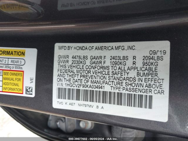1HGCV2F90KA034941 Honda Accord Touring 2.0t