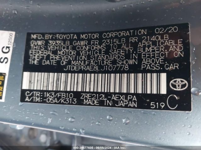 JTDEPRAE8LJ107778 Toyota COROLLA LE
