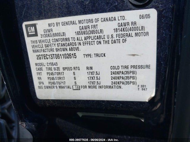 Aukcja sprzedaży 2006 Gmc Sierra 1500 Sle1, vin: 2GTEC13T061102615, numer aukcji: 39577635