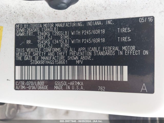 Toyota Highlander Xle V6 2016 5TDKKRFH4GS158661 Image 9