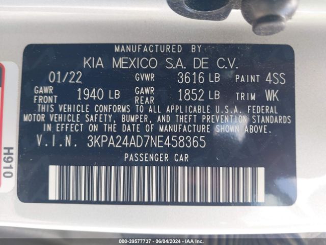 3KPA24AD7NE458365 KIA RIO S