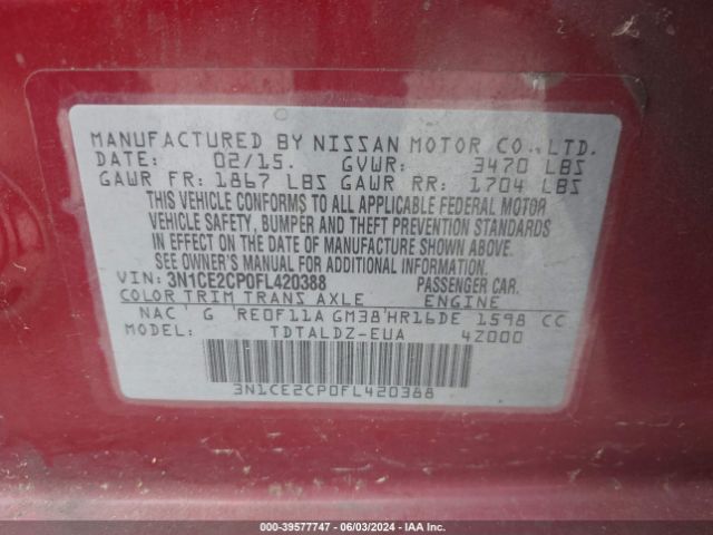 3N1CE2CP0FL420388 Nissan Versa Note S (sr)/s Plus/sl/sr/sv