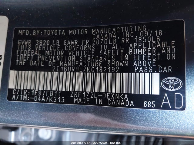 Toyota COROLLA LE 2019 2T1BURHE7KC182192 Image 9