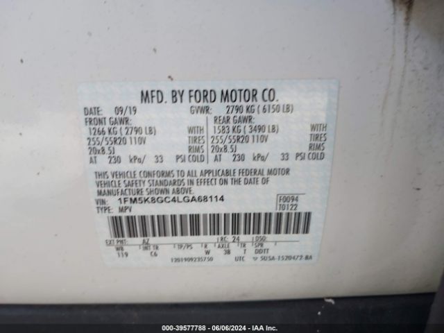 1FM5K8GC4LGA68114 Ford Explorer St