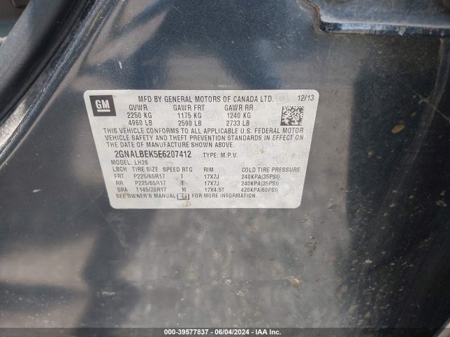 Chevrolet EQUINOX 1LT 2014 2GNALBEK5E6207412 Image 9