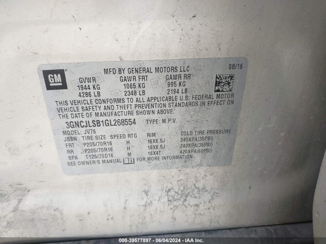 Chevrolet Trax Lt 2016 3GNCJLSB1GL268554 Image 9