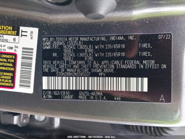 Toyota Highlander Xle 2022 5TDHZRBH2NS585037 Image 9
