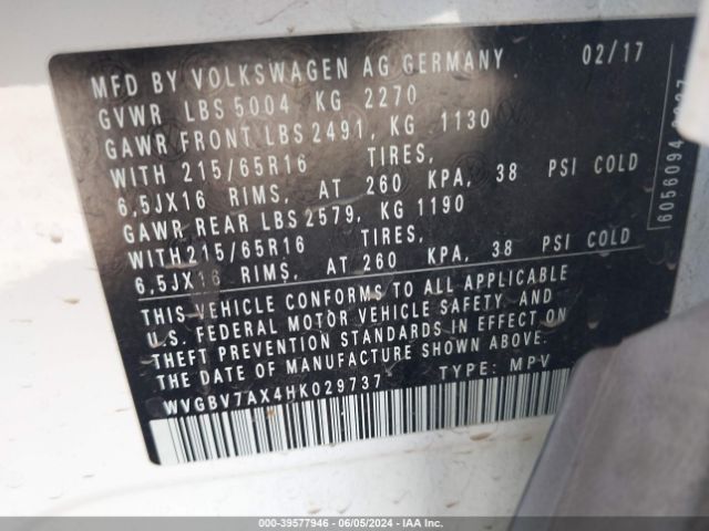 WVGBV7AX4HK029737 Volkswagen Tiguan 2.0t/2.0t S
