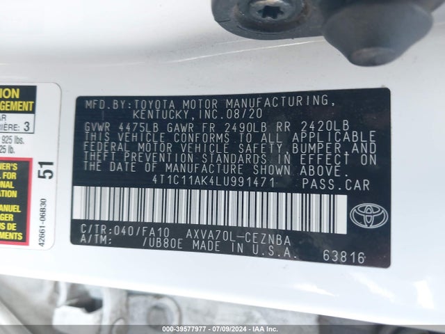 Toyota CAMRY LE 2020 4T1C11AK4LU991471 Image 9