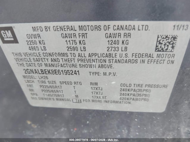 Chevrolet EQUINOX 1LT 2014 2GNALBEK8E6195241 Image 9