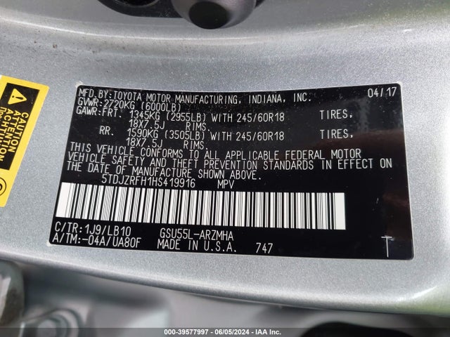 Toyota Highlander Xle 2017 5TDJZRFH1HS419916 Image 9
