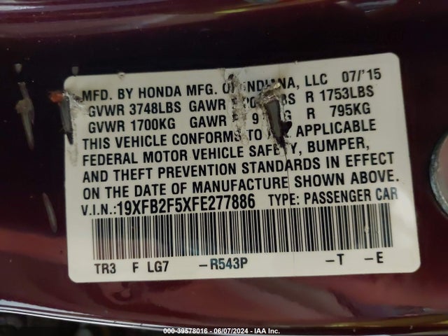 Honda Civic Lx 2015 19XFB2F5XFE277886 Image 9