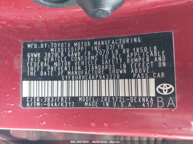 Toyota COROLLA LE 2019 5YFBURHE6KP943228 Image 9