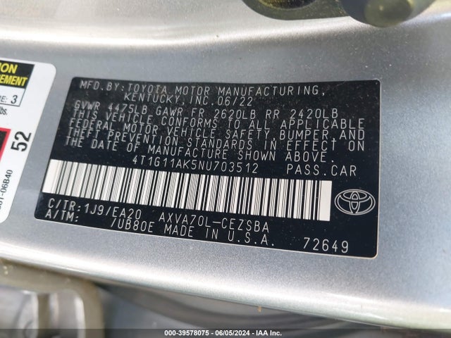 Toyota CAMRY SE 2022 4T1G11AK5NU703512 Image 9