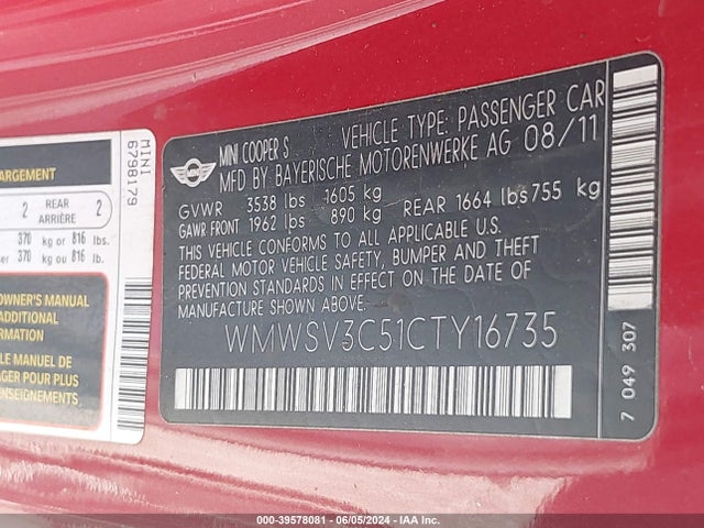 2012 MINI COOPER S WMWSV3C51CTY16735 Photo 8