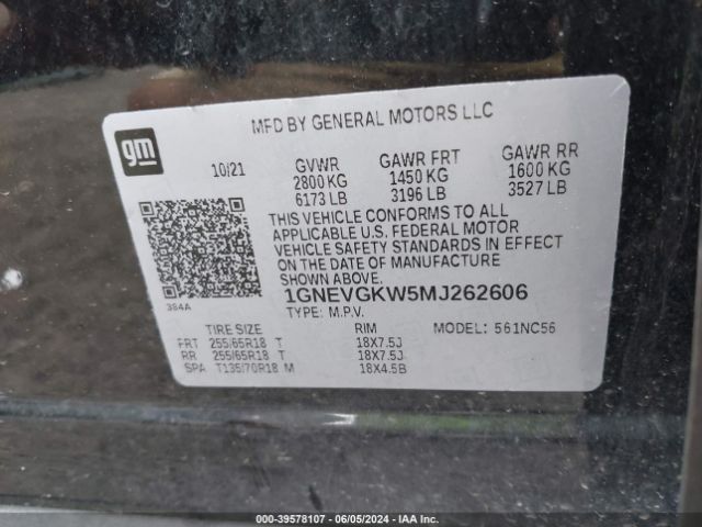 1GNEVGKW5MJ262606 Chevrolet Traverse Awd Lt Cloth