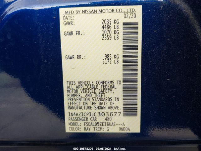 1N4AZ1CP3LC303677 Nissan Leaf Sv 40 Kwh