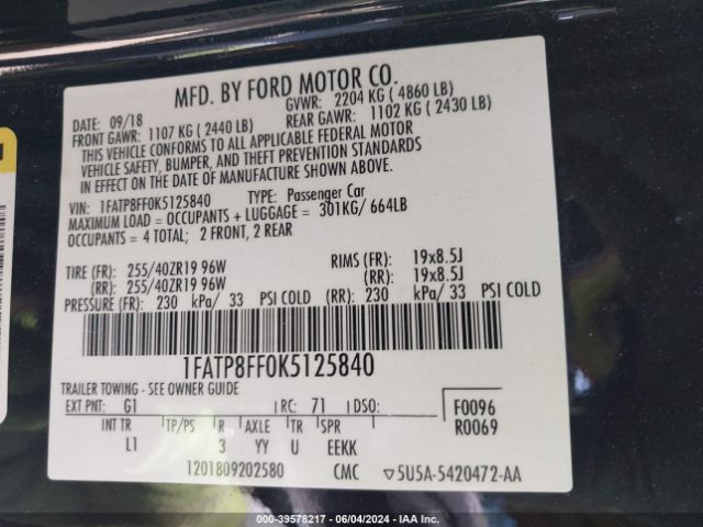 2019 FORD MUSTANG 1FATP8FF0K5125840 Photo 8