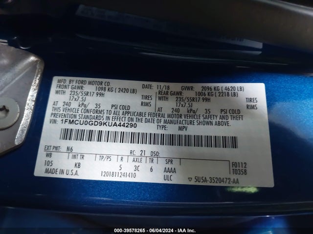 Ford ESCAPE SE 2019 1FMCU0GD9KUA44290 Image 9