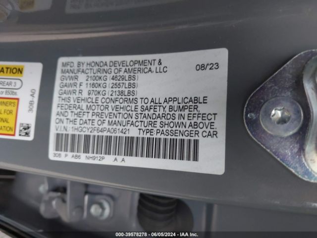 1HGCY2F64PA061421 Honda Accord Hybrid Ex-l