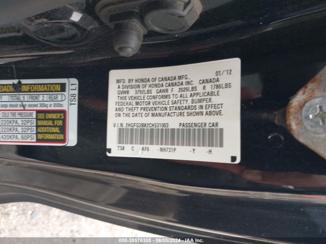 Aukcja sprzedaży 2012 Honda Civic Ex, vin: 2HGFG3B82CH531003, numer aukcji: 39578305