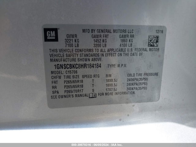 Chevrolet Tahoe Lt 2017 1GNSCBKC8HR184184 Image 9