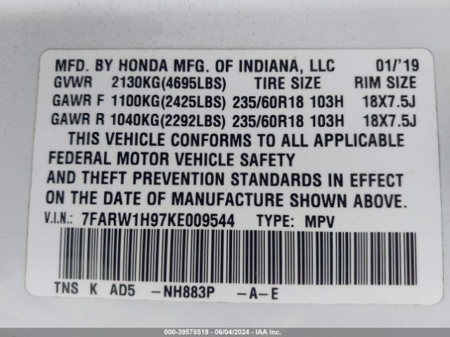 7FARW1H97KE009544 Honda Cr-v Touring