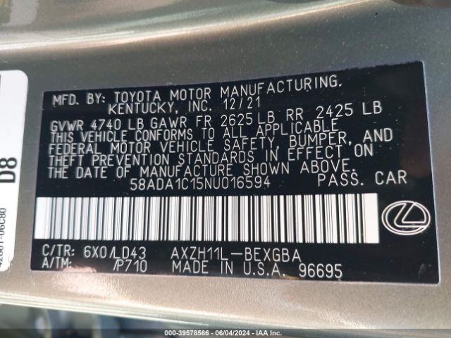 58ADA1C15NU016594 Lexus ES 300H