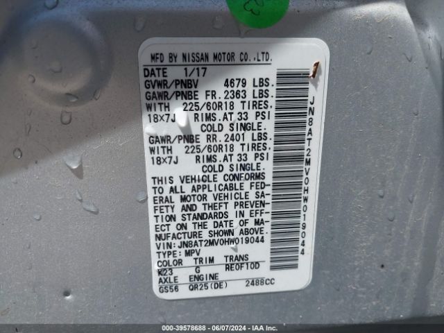 JN8AT2MV0HW019044 Nissan Rogue Sl