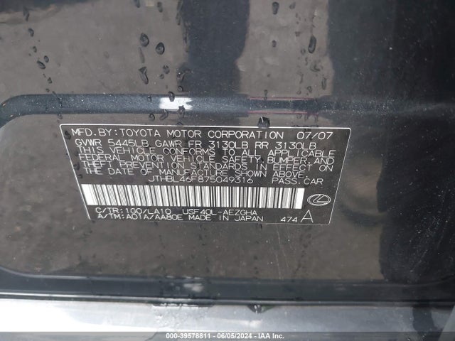 39578811 :رقم المزاد ، JTHBL46F875049316 vin ، 2007 Lexus Ls 460 مزاد بيع