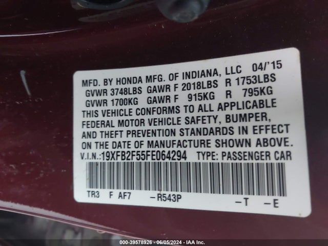 Honda Civic Lx 2015 19XFB2F55FE064294 Image 9