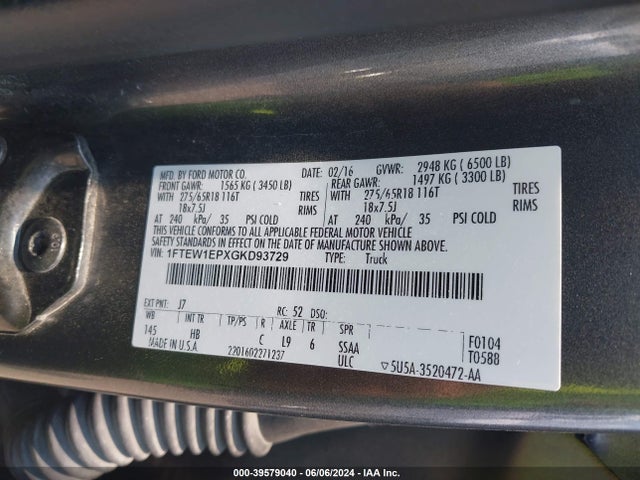 Ford F-150 Lariat 2016 1FTEW1EPXGKD93729 Image 9