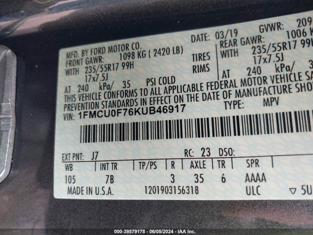 Ford ESCAPE S 2019 1FMCU0F76KUB46917 Image 9