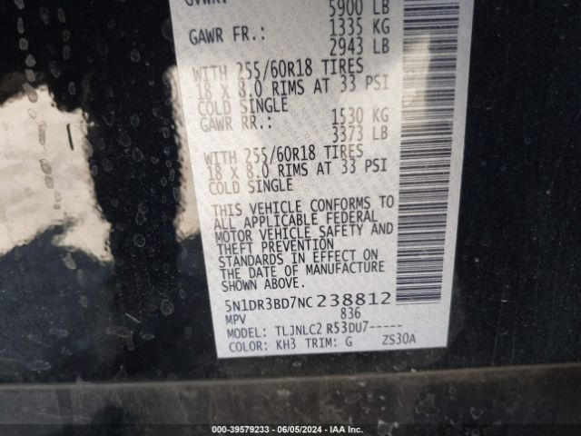 5N1DR3BD7NC238812 Nissan Pathfinder Sv 4wd