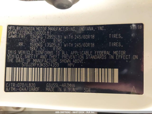 Toyota Highlander Xle 2019 5TDJZRFH3KS574359 Image 9