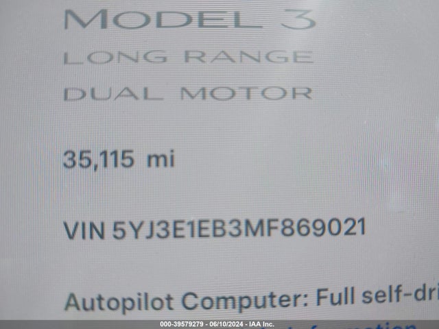 Tesla Model 3 Long Range Dual Motor All-wheel Drive 2021 5YJ3E1EB3MF869021 Image 15