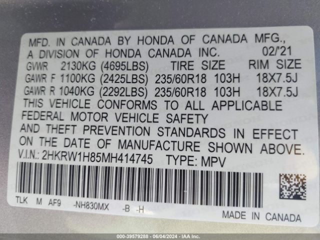 2HKRW1H85MH414745 Honda Cr-v 2wd Ex-l