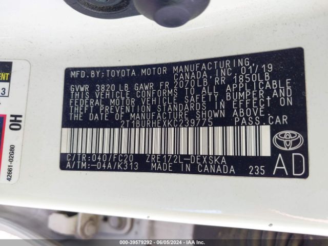 2T1BURHEXKC239775 Toyota COROLLA SE