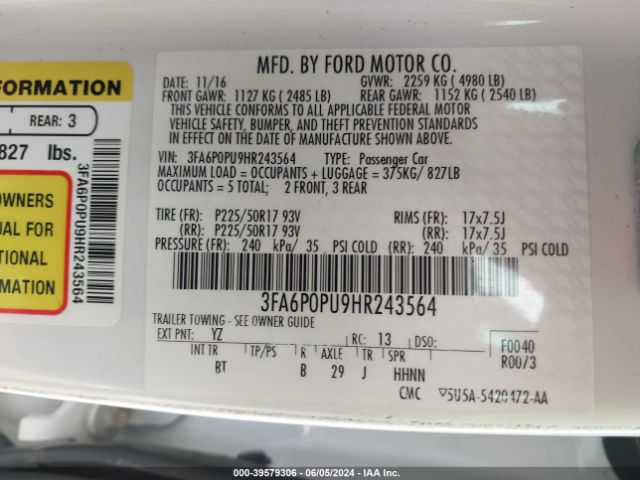 3FA6P0PU9HR243564 Ford Fusion Energi Se Luxury