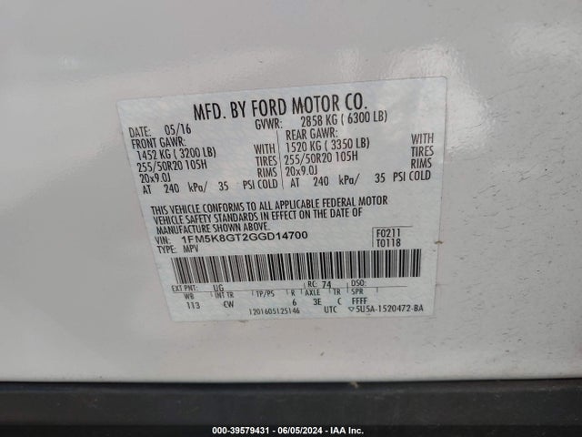 Ford EXPLORER SPORT 2016 1FM5K8GT2GGD14700 Image 9