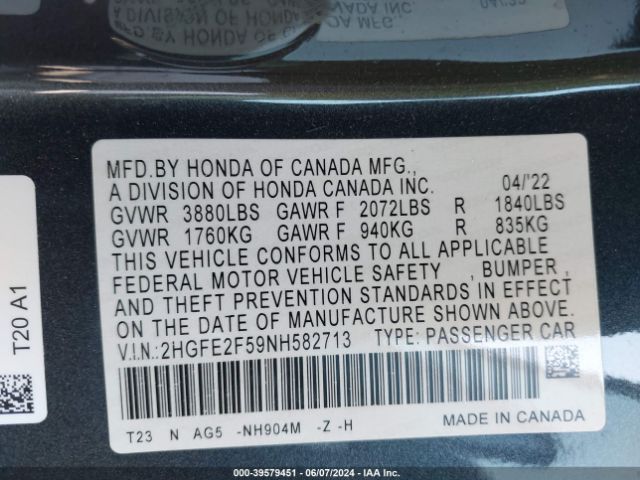 2HGFE2F59NH582713 Honda Civic Sport