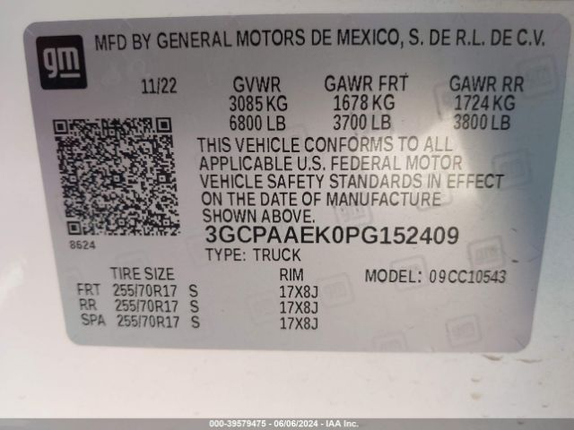 3GCPAAEK0PG152409 Chevrolet Silverado 1500 2wd  Short Bed Wt