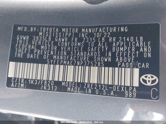 Toyota COROLLA LE 2022 5YFEPMAE7NP375285 Image 9