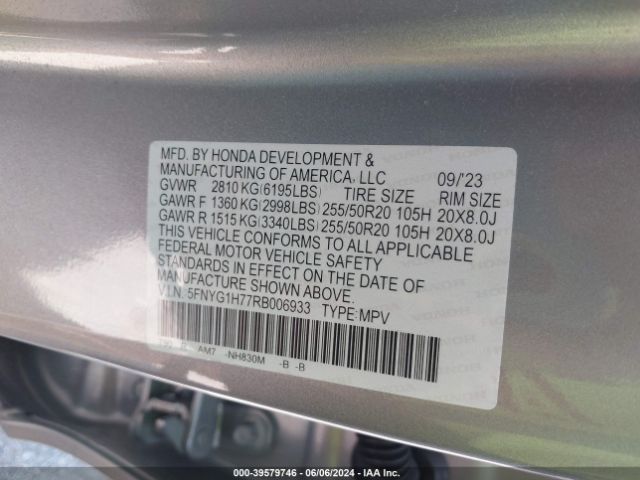 5FNYG1H77RB006933 Honda Pilot Awd Touring